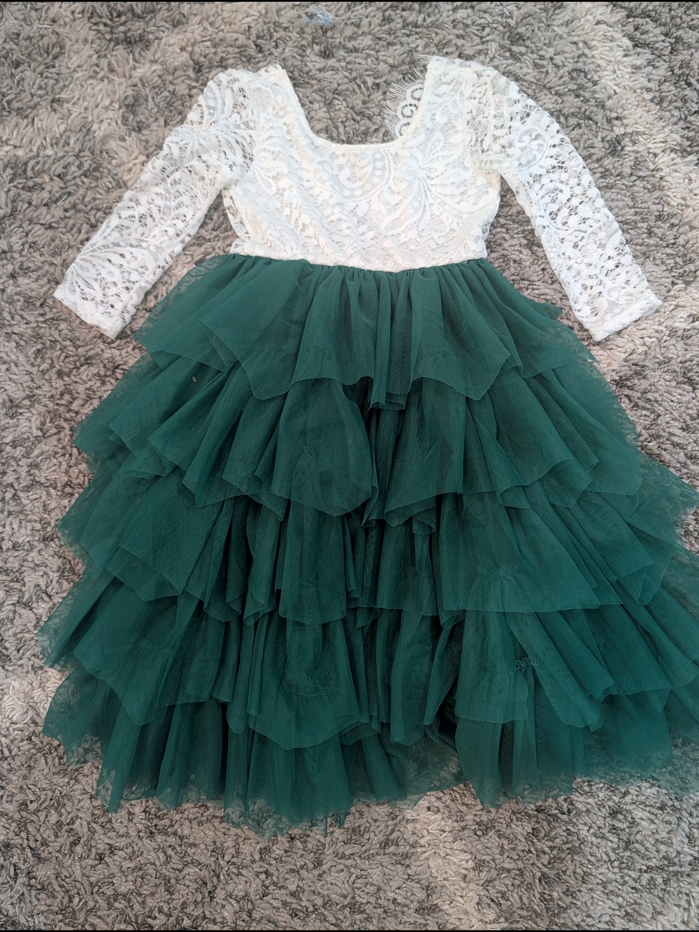 White Lace Top Green Tulle Layered Dress